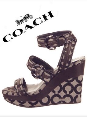 Coach Marlee Wedge Sandals Signature Canvas Pattern Khaki Brown Size 7.5